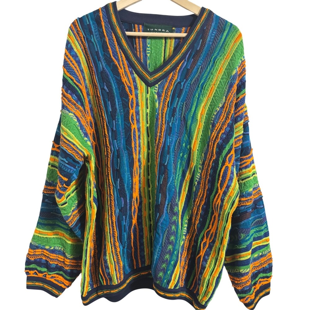 Vintage TUNDRA CANADA 3D Knitted‎ Cardigan COSBY Coogi Style Biggie SWEATER L